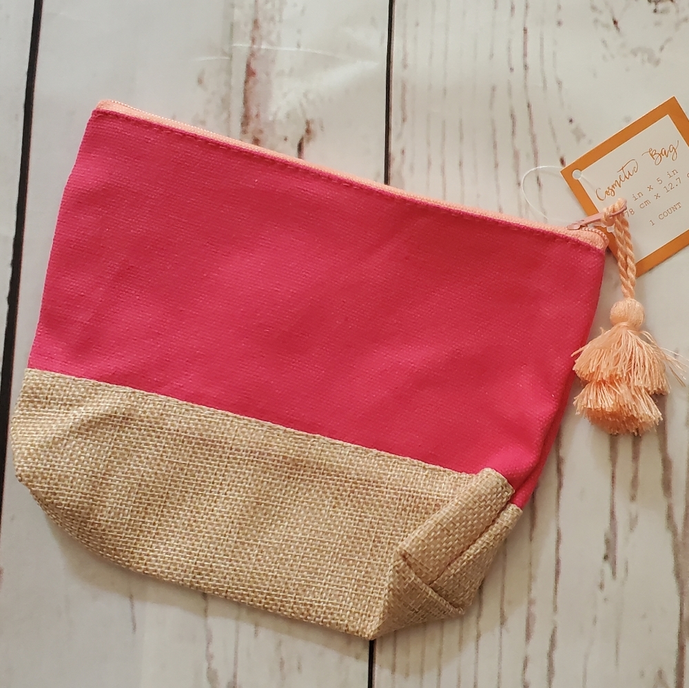 Hot pink canvas, jute makeup bag with tassle